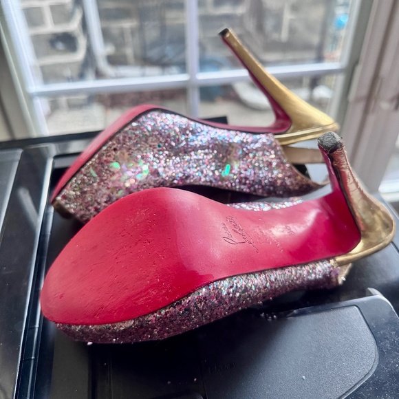 Christian Louboutin Multicolor Glitter Slingback Peep Platform Sandals Sz. 5.5 - Picture 9 of 15